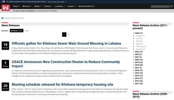 US Army Corps of Engineers Lahaina Related News Releases